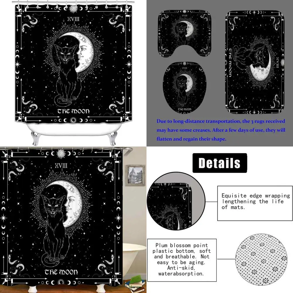 

Mystic Black Cat Shower Curtain Set with Tarot, Snake, Moon Phase, and Celestial Gothic Bathroom Decor, Waterproof Fabric, Non-S