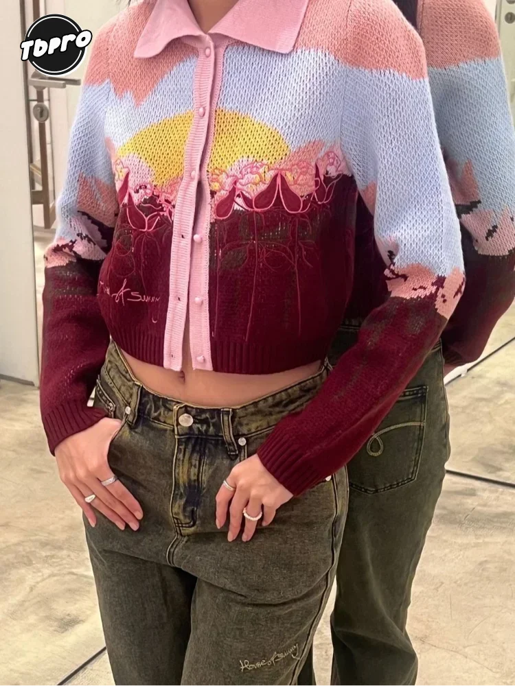 

Elegant Chic Embroidery Crop Knitted Cardigan Women 2024 Autumn Single Breasted Lapel Long Sleeves Sweater Lady Fashion Knitwear