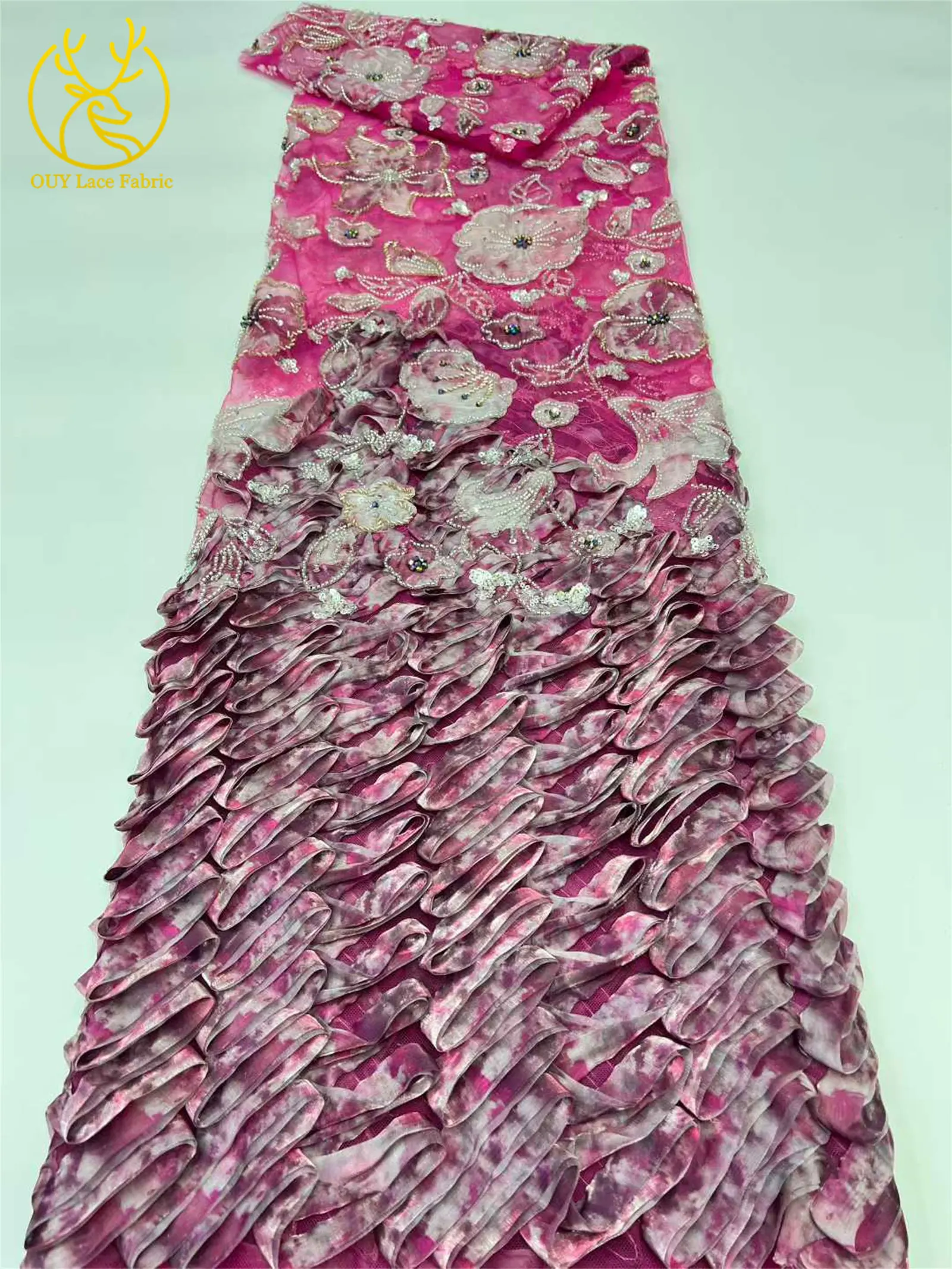 Latest 3D Nigerian African Elegant Women's Dresses Beaded Sequins Fabric French Tulle Embroidered Lace Fabric for Party Wedding