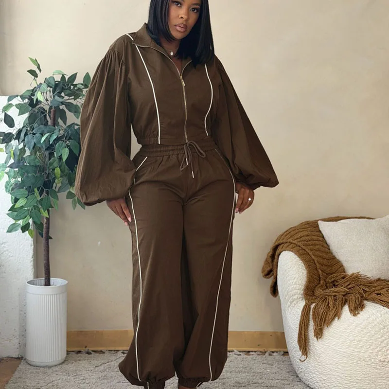 Doyerl Striped Track Suit Woman Two Piece Set Activewear Loose Lantern Sleeve Zipper Jacket Coat and Cargo Pants Sport Femme