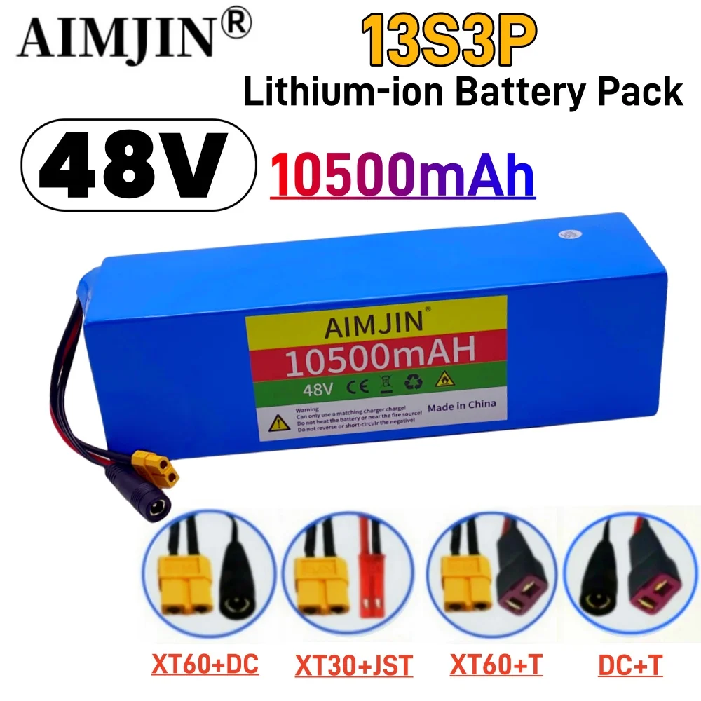 13S3P 48V 10500mAh lithium-ion rechargeable battery pack, suitable for 54.6V electric bicycle scooters, with BMS battery pack