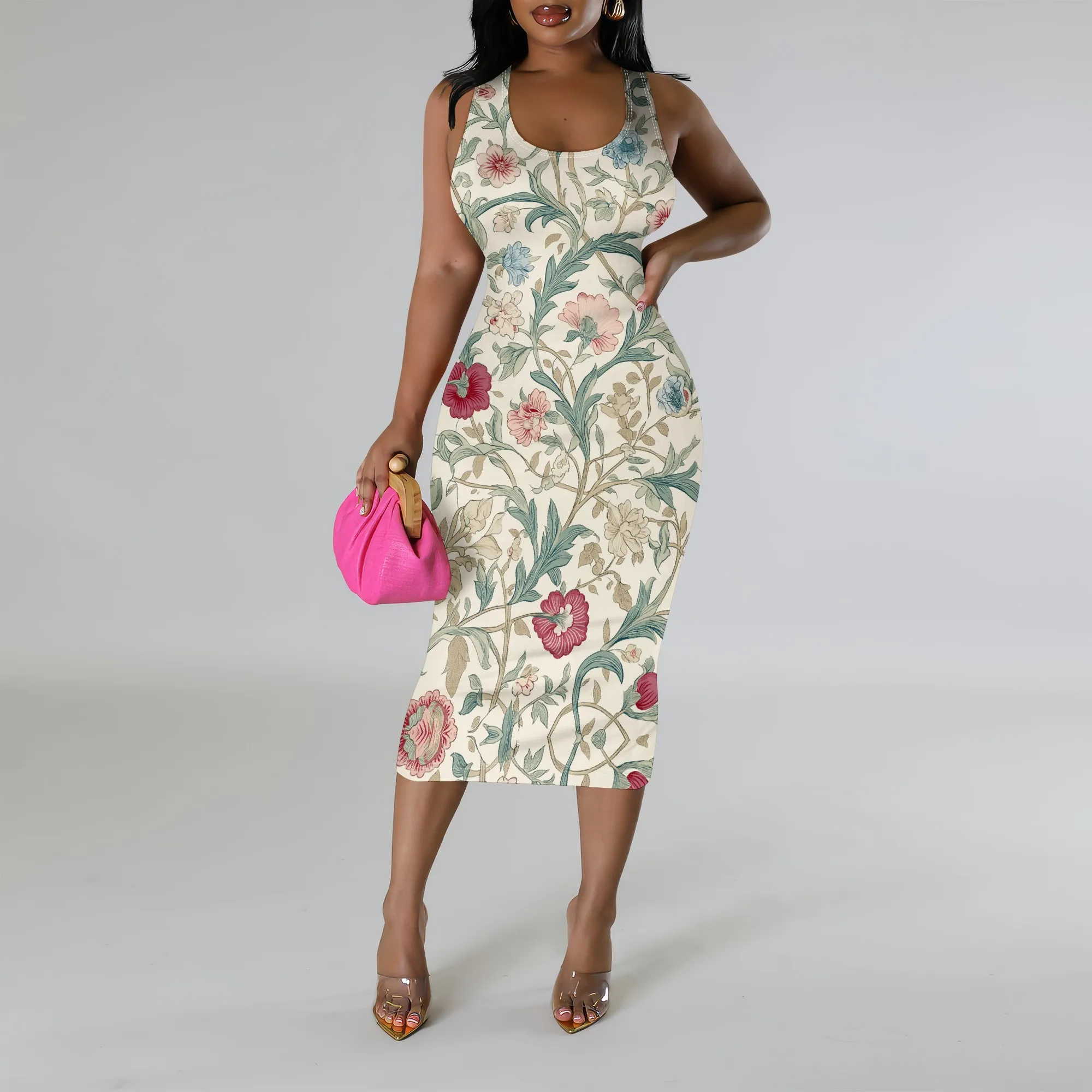 

Women's Sleeveless Floral Print Bodycon Midi Dress S-3XL Elegant Summer Vacation & Garden Party Outfit 2025