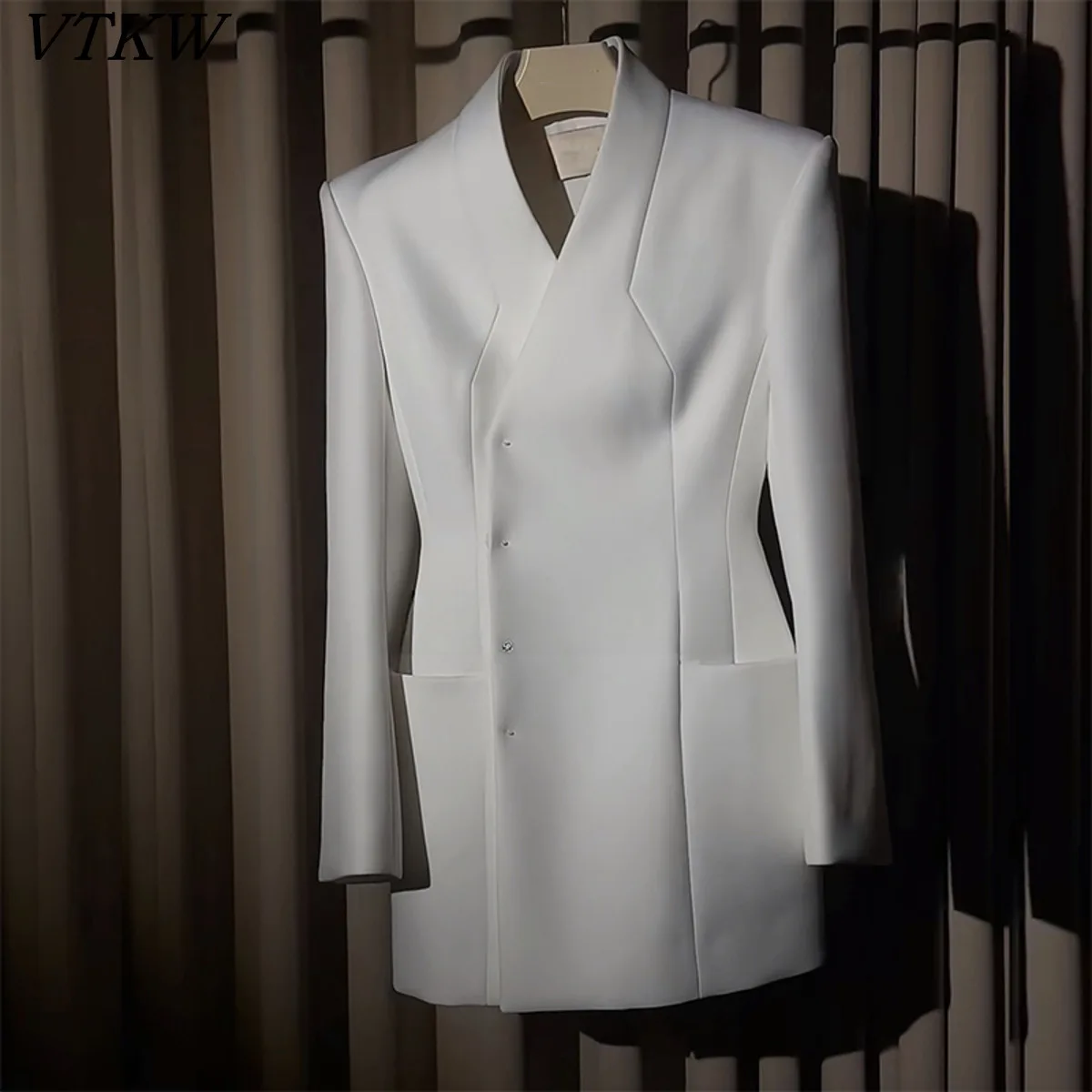 

VTKW 2025 New Women White Blazer Stand Collar Single-Breasted Fitted Waist Pockets Elegant Designer Casual Autumn Winter Coat