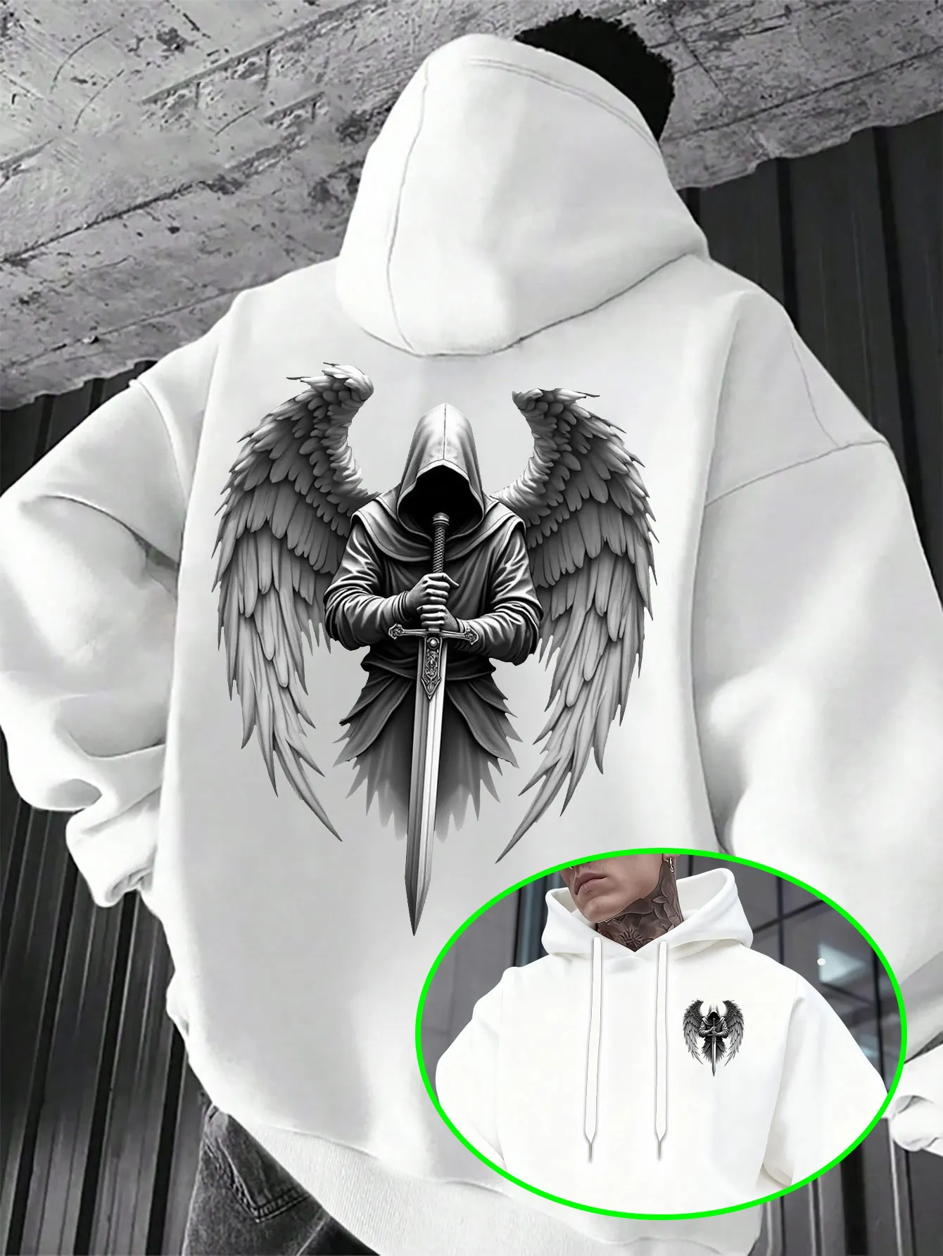 Men Hooded Angel Warrior Sword Big Back Print Graphic Hoodie Loose Fit Cotton Hooded Sweatshirt Autumn Winter Men Clothing