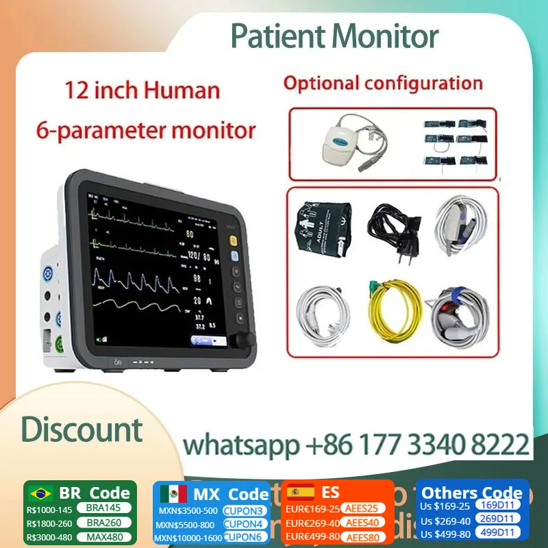 12 inch thin screen human/VET USE 6-parameter monitor ECG/NIBP/PR/SPO2/RESP/TEMP patient monitor vital signs monitor