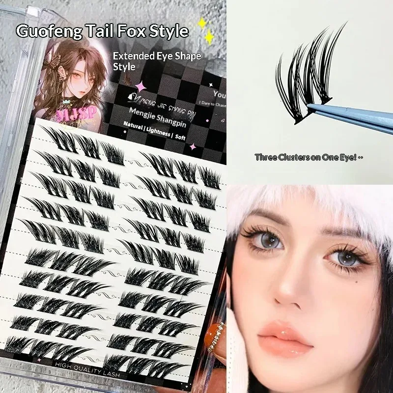 Einzelne Wimpern mit Fuchsaugen-Effekt, flauschig, wiederverwendbar, natürlich, dick, lang, einzelne Wimpernbüschel, Augen-Make-up