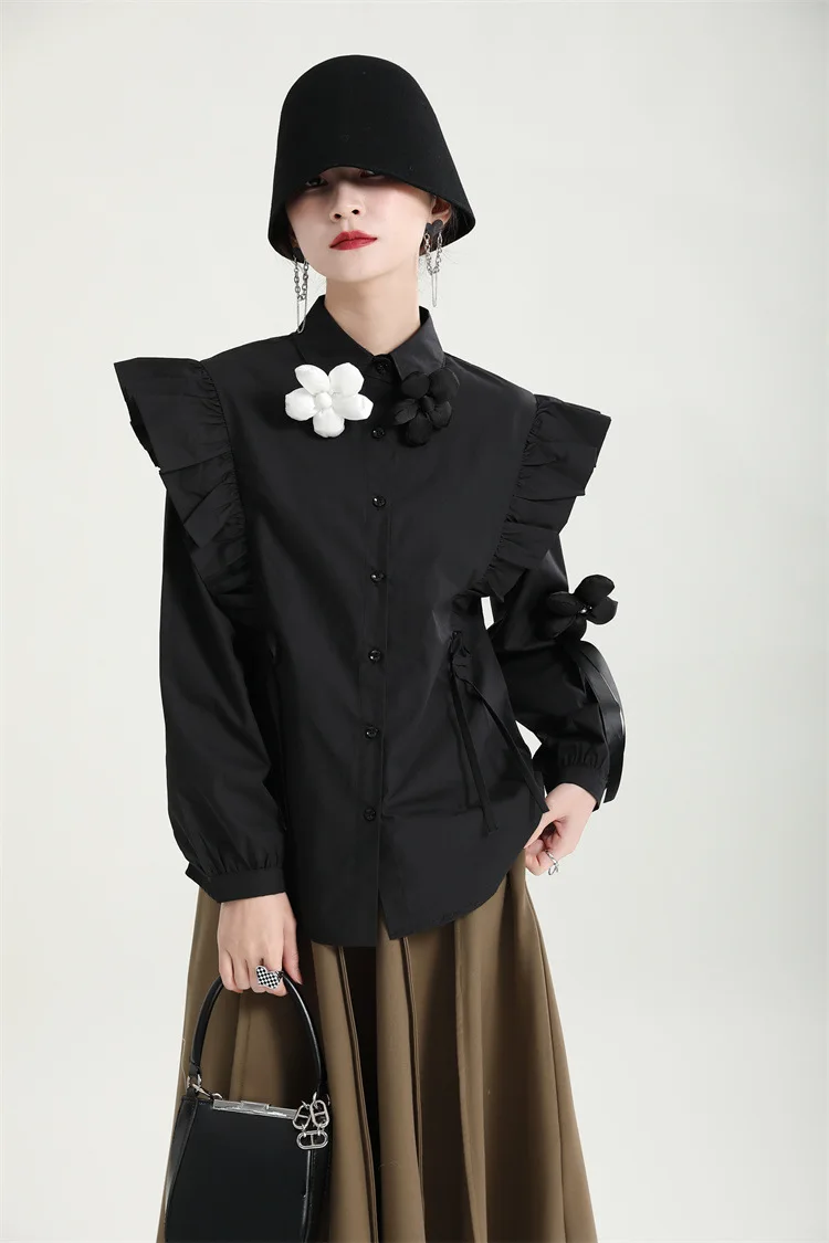 2024 new three-dimensional small flower lotus edge design shirt women's lapel draw rope to show thin white top