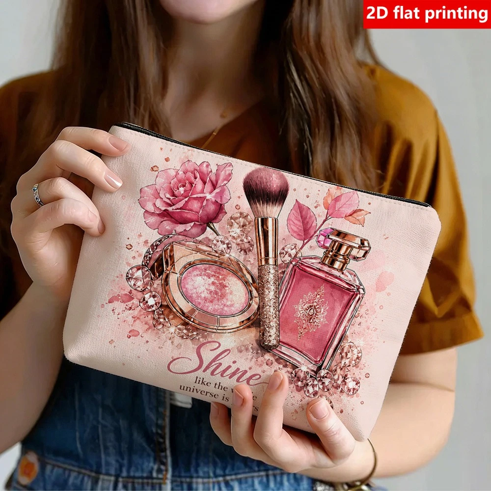 2D Flat Printing, 1pc Pink Rose Perfume Makeup Brush Printed Cosmetic Pouch, Inspirational English Portable Zippered Clutch Bag