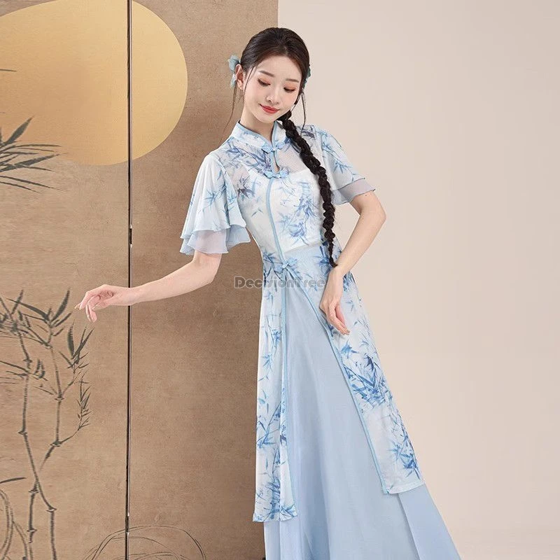 2025 new classical dance performance costumes chinese cheongsam yarn short sleeve printed set chinese dance performance costume