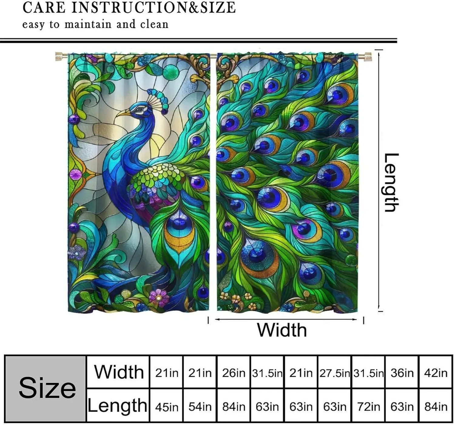 Forest Peacock Stained Glass Curtains for Kid Girls Boys Bedroom Tree Feathers Thermal Insulated Darkening Rod Window Treatments