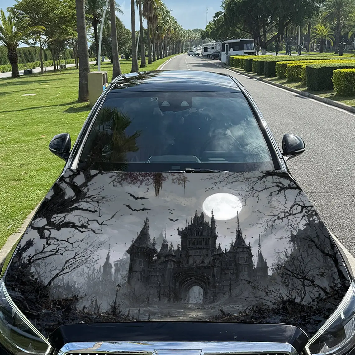 Car Decals  Castle Under Full Moon with Gnarled Trees Car Hood Sticker, Waterproof Self - Adhesive Vinyl Graphics Decals, Decora