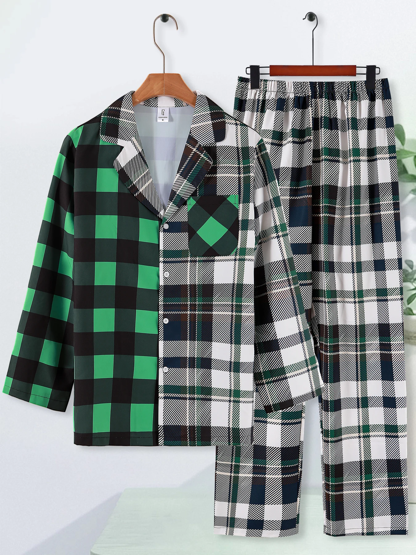 

Men's Color Block Plaid Pajama Set, Contrast Check Long Sleeve Button down Shirt & Pants Sleepwear