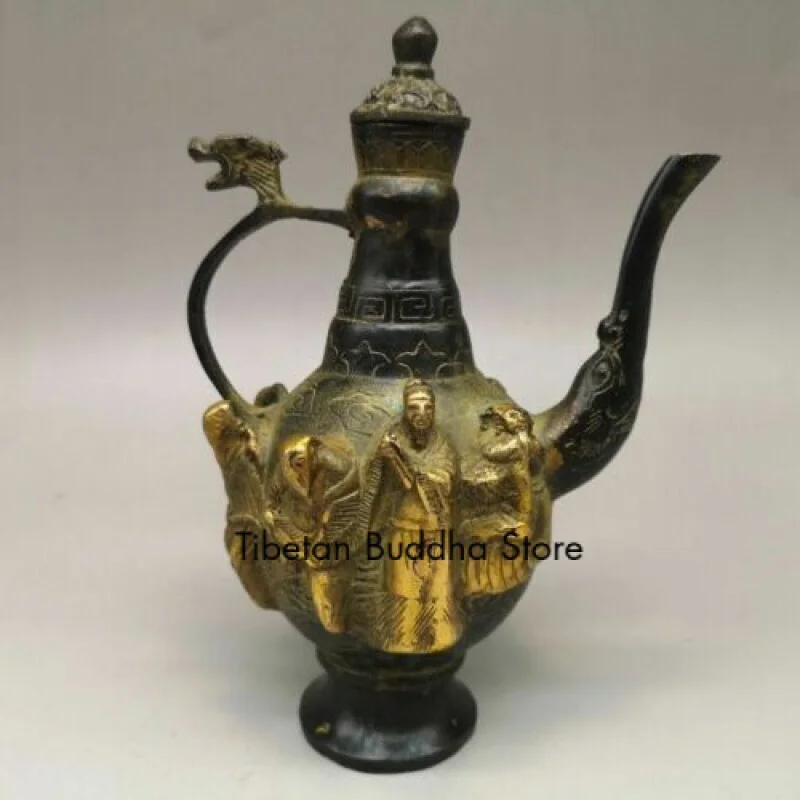 

6" Chinese old antique bronze gilt gold Eight Immortals Hand holding Teapot