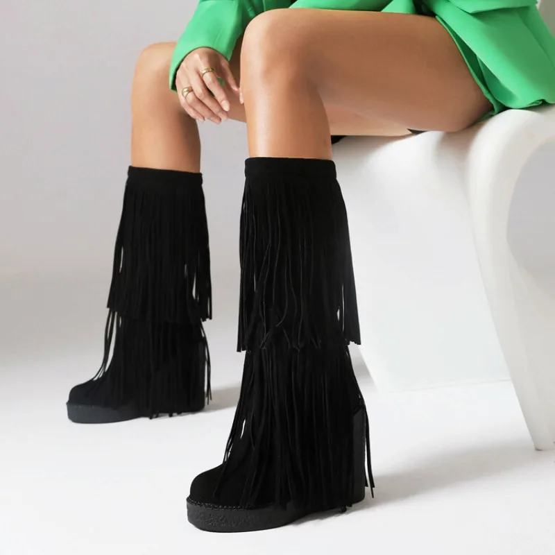 Women\'s Boots Tassel Winter New Bohemian Flocking Monica Design Mid-calf Boots Warm Plush Lined Platform Zipper Knee High Boots