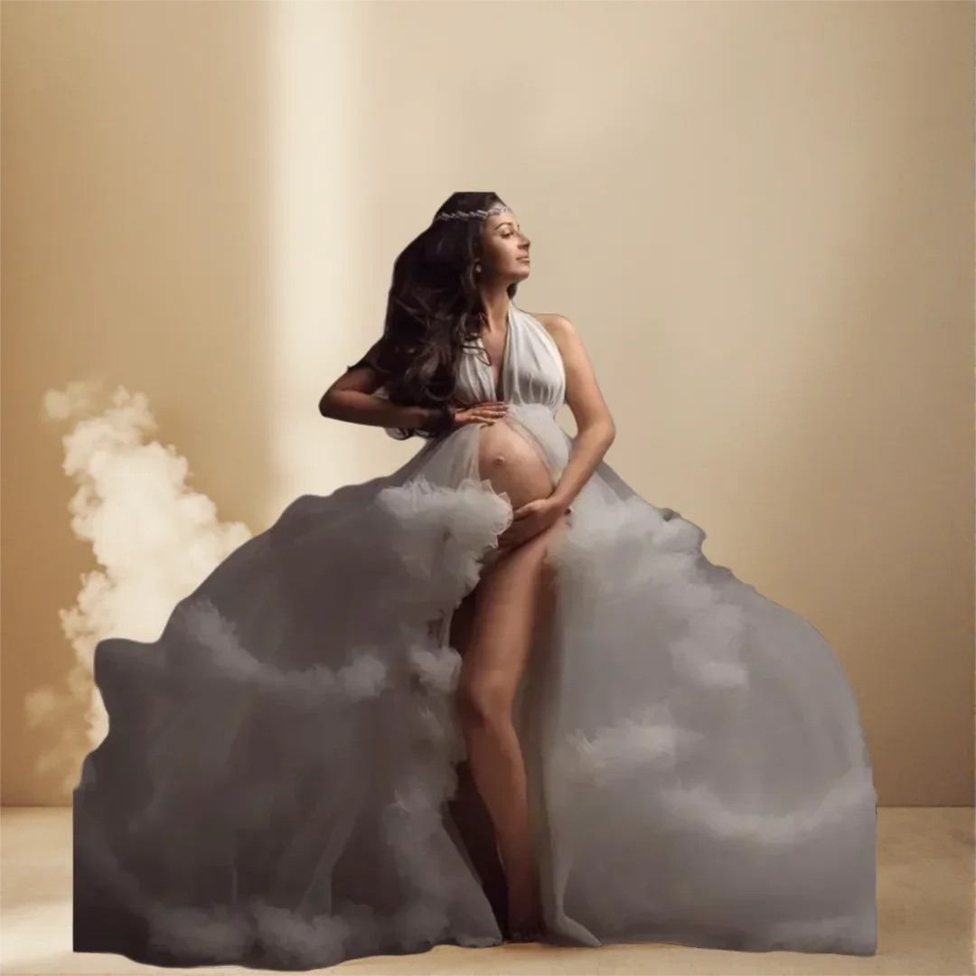 

Sexy Halter Maternity Dresses Women Evening Prom Gowns Plus Size Tiered Ruffle