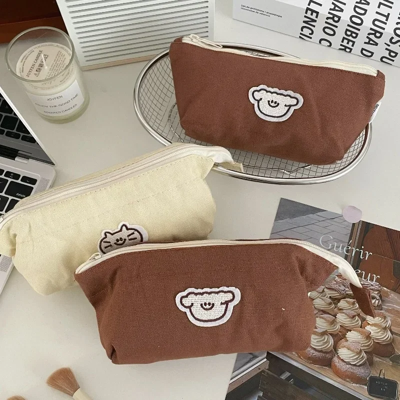 1pc High Capacity Cat & Dog Pattern Canvas Pencil Case, Cosmetic Bag, Fresh And Stylish Stationery Pouch Back To School Gift