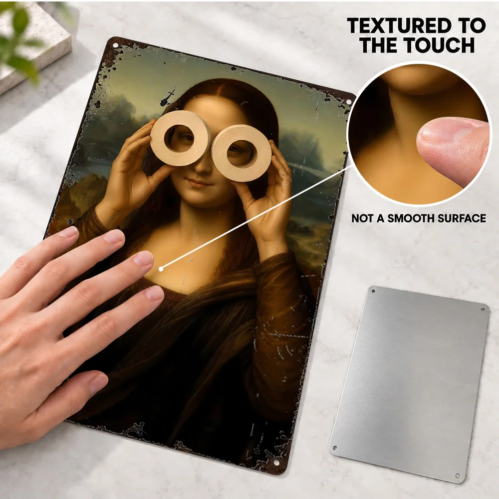 Mona Lisa Wearing Toilet Paper Binoculars Humor Aluminum Poster Customized Metal Sign Graphic Wall Art For Bathroom Friend Gift