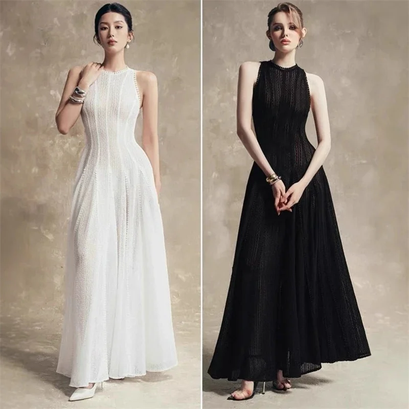

Woman Sexy Solid Color Lace Sleeveless Dress Pearl Border Waist-cinching Slimming Swing Maxi Robe 2026 Elegant Lady Party Gown