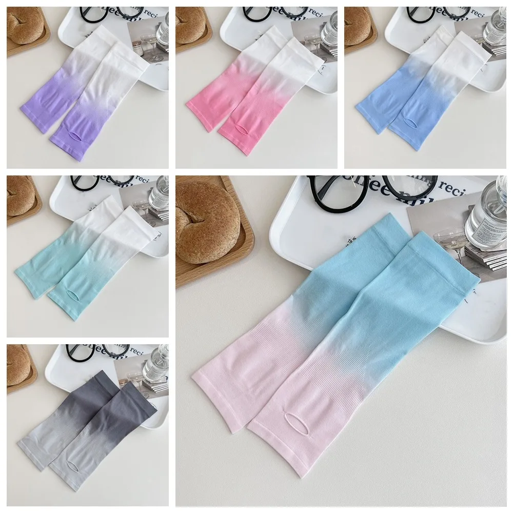 Polyester Ice Silk Arm Sleeves Spandex Elastic Gradient Color Sleeve Thin Finger Hole Sun Protection Arm Cover Summer