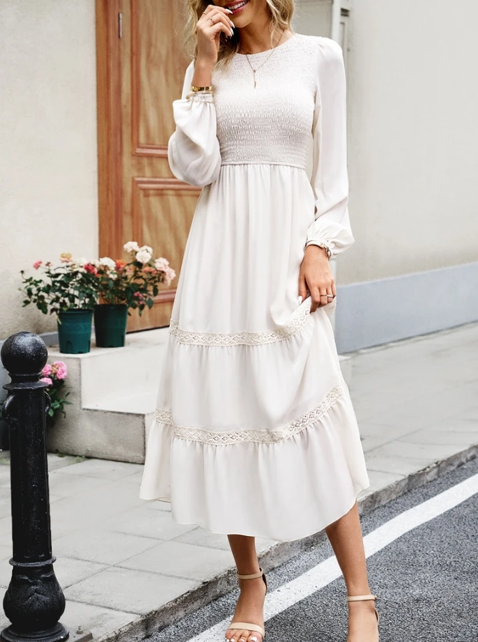 

Women's Spring Long Sleeved Dress with Elegant Temperament Long Skirt Collage/splicing Round Neck Lantern Sleeves A-Line Skirt