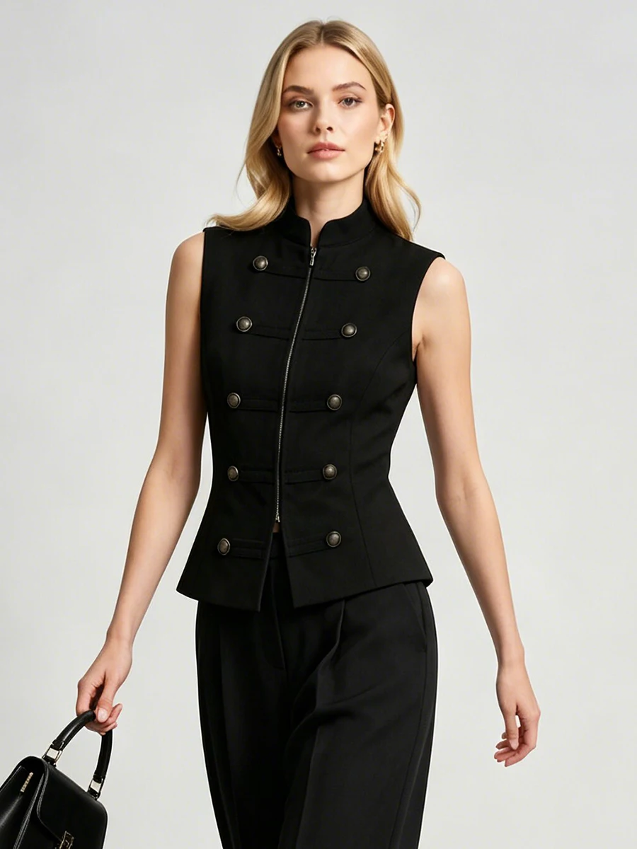 LIMO Women's sleeveless vest double-breasted metal decorative zipper placket slim retro casual vest