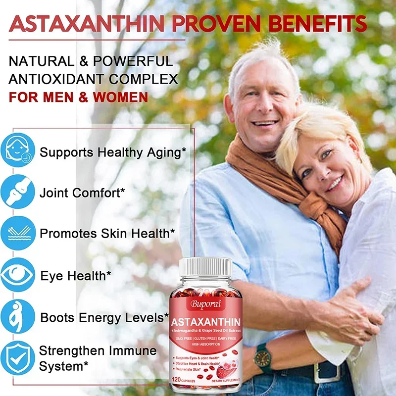 Cápsulas de astaxantina 24mg - com óleo de semente, Ashwagandha - apoia cardiovascular, olhos, articulações, saúde da pele, antioxidante