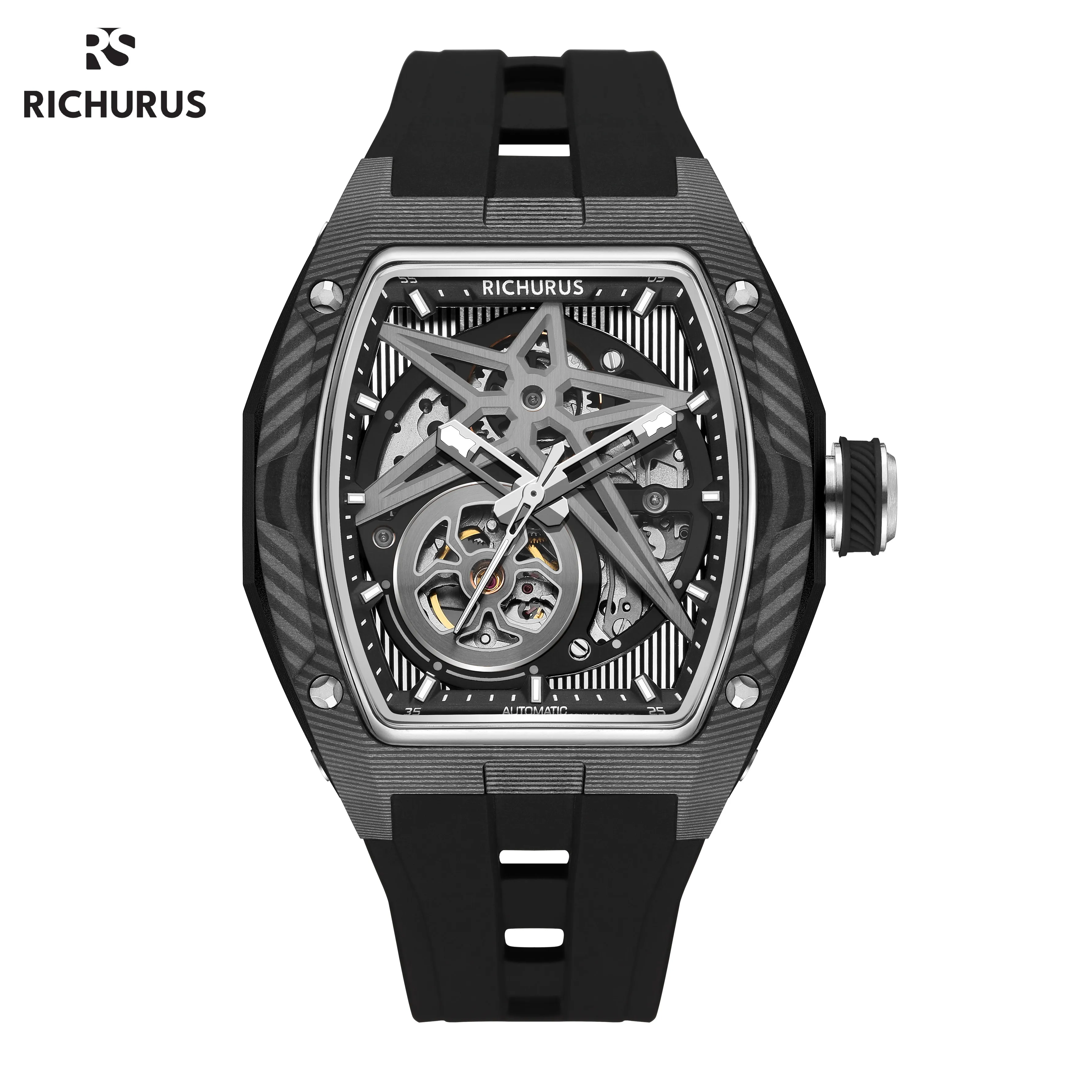 New Luxury Sports Men Business Watches Automatic Mechanical Watch Silicone Strap Clock Skeleton Waterproof Big Dial Wristwatches