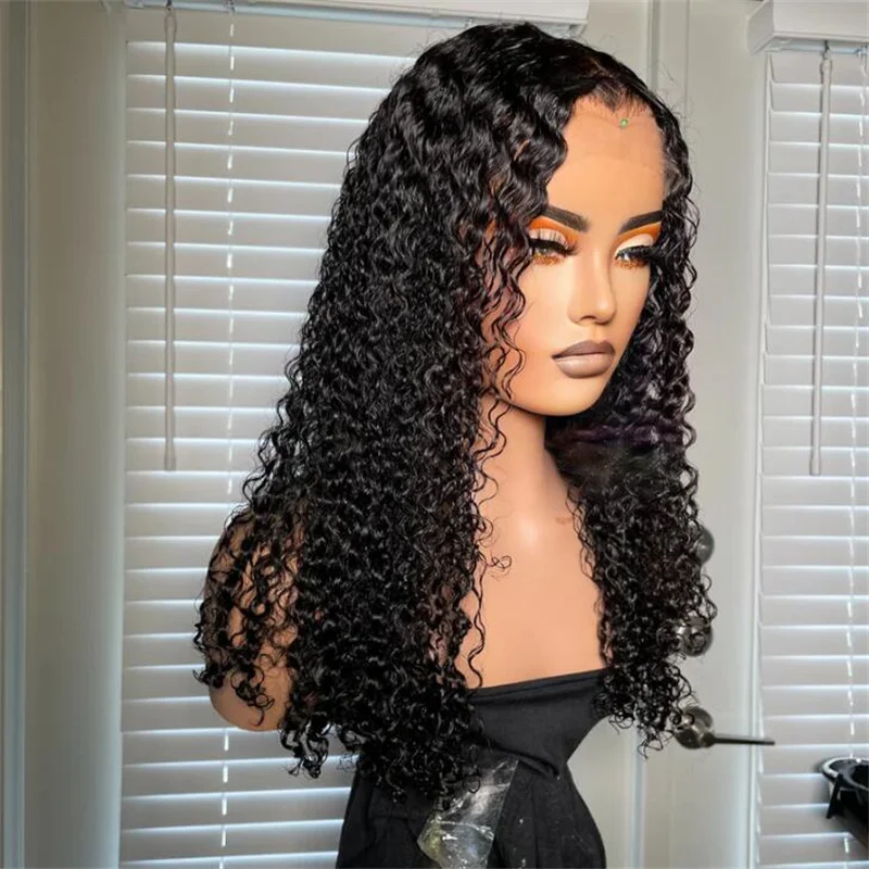 Soft 180Density 26inch Natural Black Glueless Long Kinky Curly Deep Lace Front Wig For Women With Baby Hair Preplucked Daily