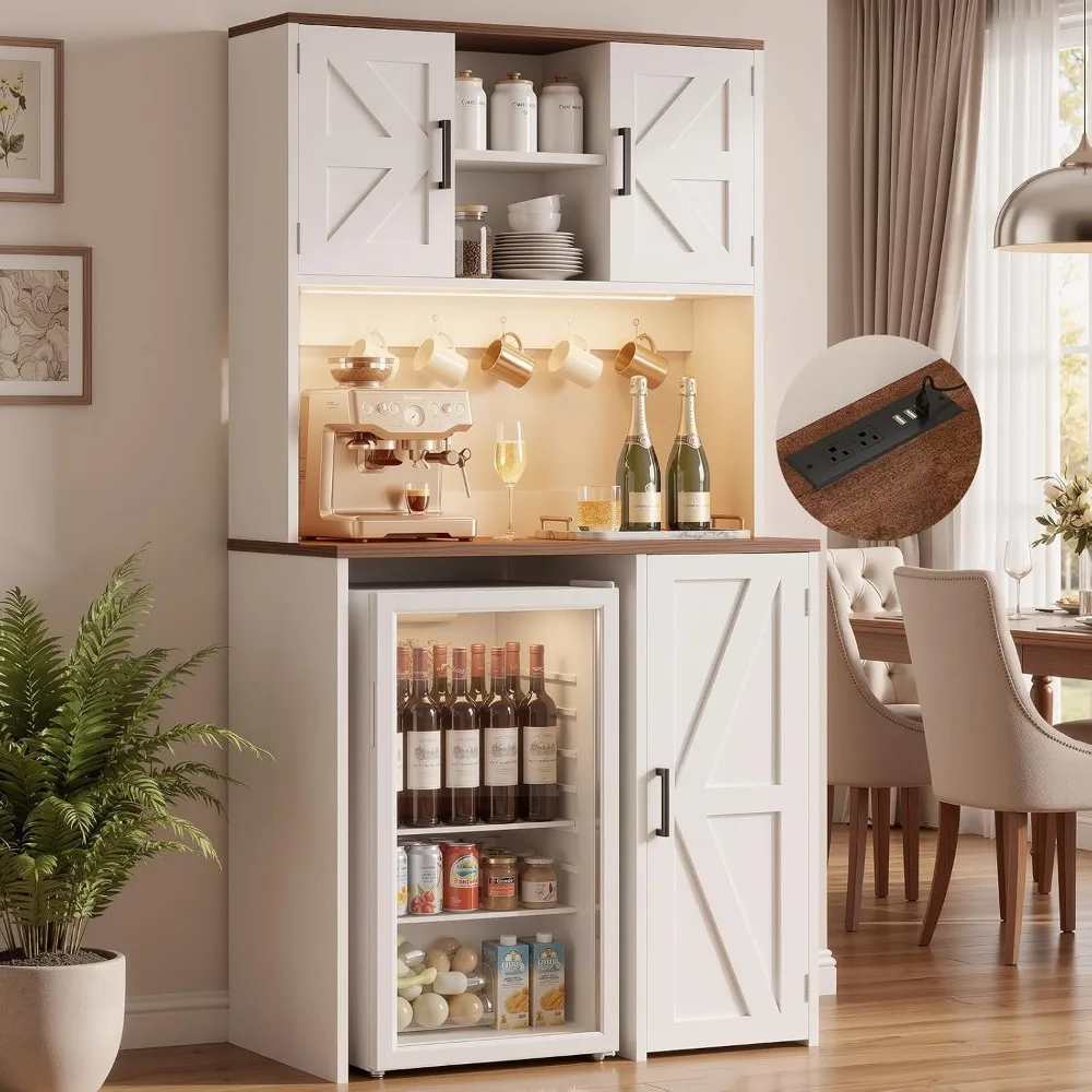 Mini Fridge Cabinet with LED Light, Coffee Bar, White - Wine Stand, Storage, Microwave Shelf for Kitchen, Dorm, Office
