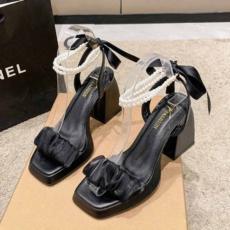 Shoes for Women Pearl Sandals Suit Female Beige Increasing Height Block Heels All-Match Black Bow 2024 Fashion Chunky Sandals