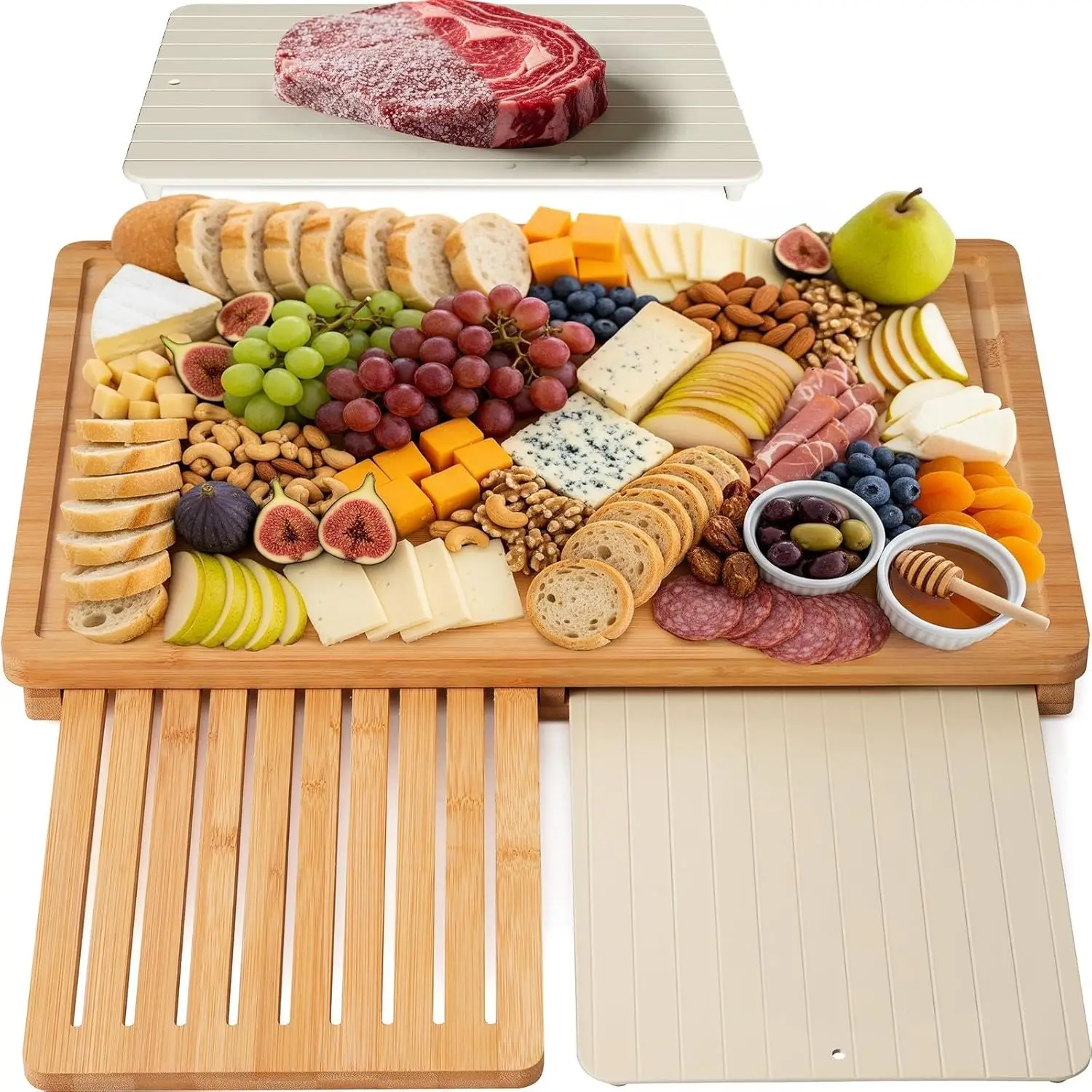 

Bamboo Cutting Board Set Defrosting Tray Built-in Organizer Dishwasher Safe Deep Juice Grooves Meal Prep Charcuterie