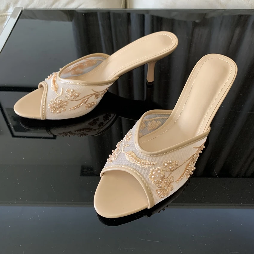 Mesh Bestickte Dünne High Heels Sandalen Damen 2026 Sommer Sexy Mules Offene Zehen Pumps Abendschuhe Damen Sandalias De Mujer