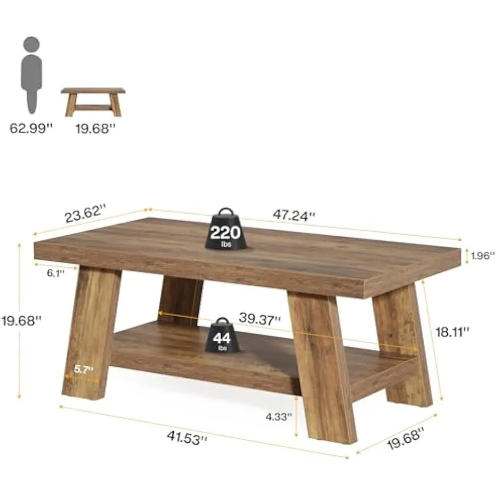 طاولة قهوة المزرعة، طاولات قهوة ريفية لغرفة المعيشة، طاولات غرفة المعيشة الخشبية المستطيلة مقاس 47.24 بوصة، طاولة مركزية من طبقتين مع