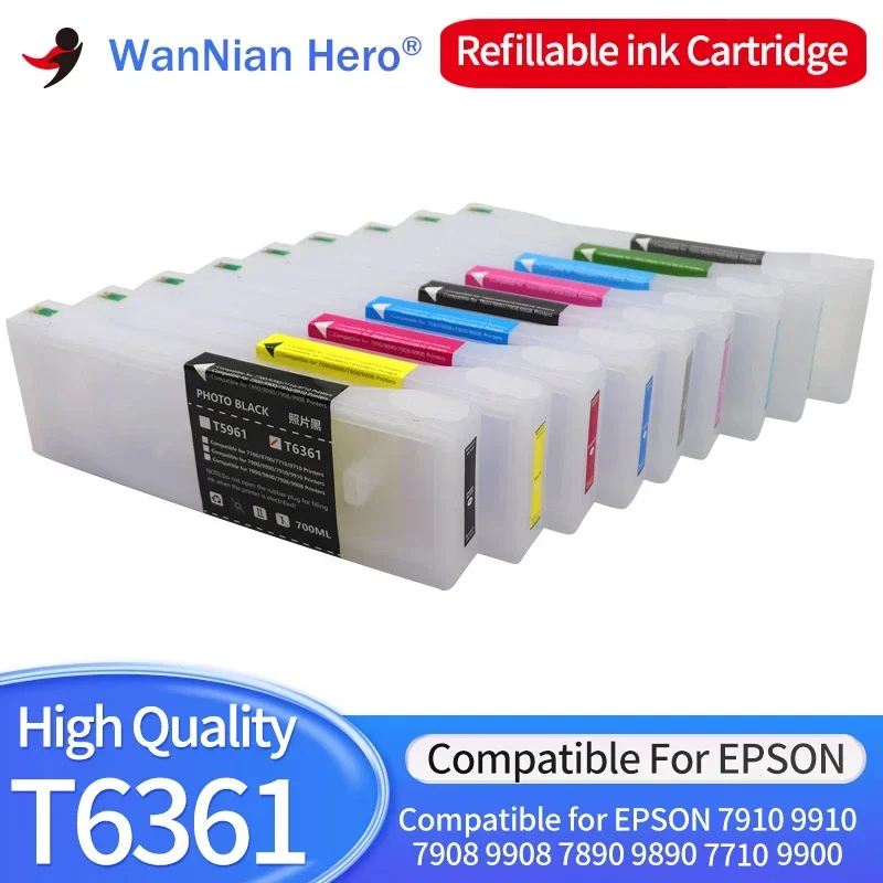 T6361-T6369 T636A T636B for Epson 9908 refillable ink cartridge 7910 9910 7908 7890 9890 9900 7710 9710 7700 9700 one time chip