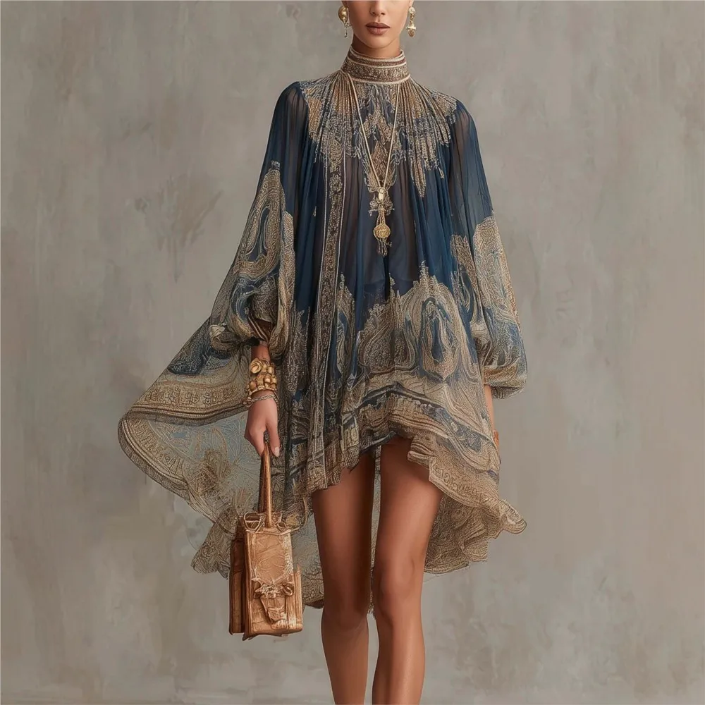 Modisches Bedrucktes Chiffon-Trompetenkleid mit Langen Ärmeln für Damen, Frühling Sommer Neues Elegantes Strandkleid für Urlaub, Locker Geschnittenes Kleid 2026