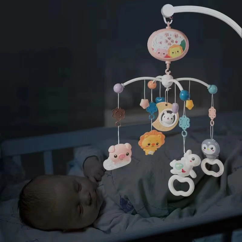 360 Infant Soothing Rotate Baby Bed Crib Bell Hanging Toy with Sensory Teether Rattle Projection Remote Control Mobile Music Box