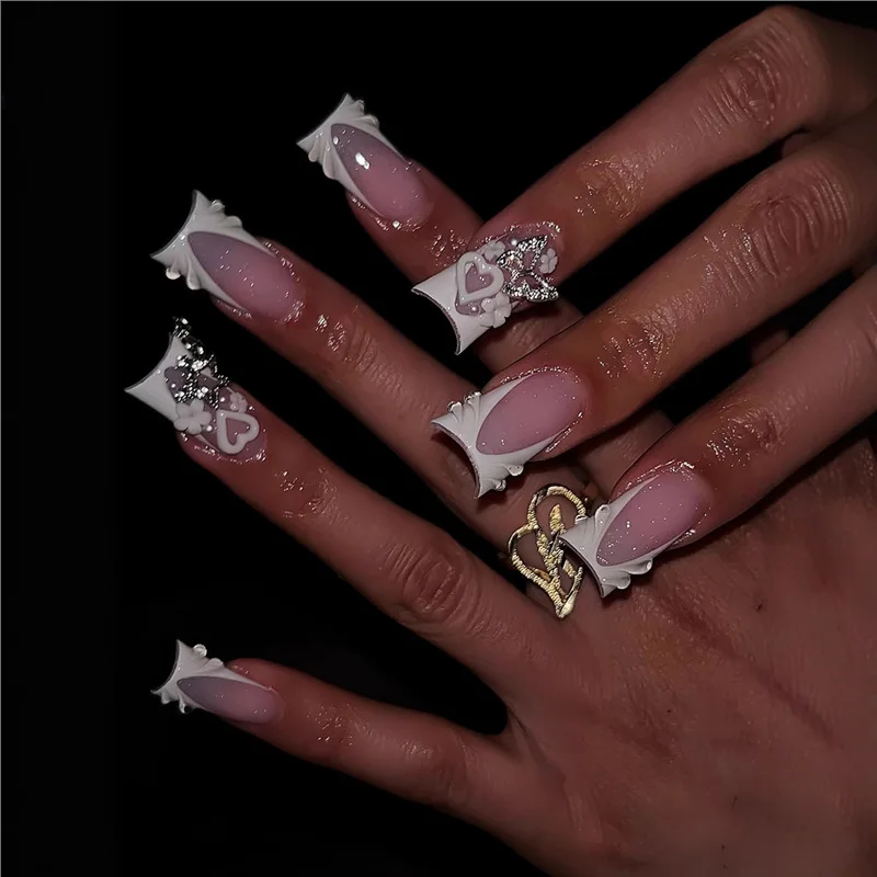

24Pcs Mid-length Duckbill Full Cover Nails Tips 3D Butterfly Flower Heart Fake Nails White French Reusable Press on False Nails