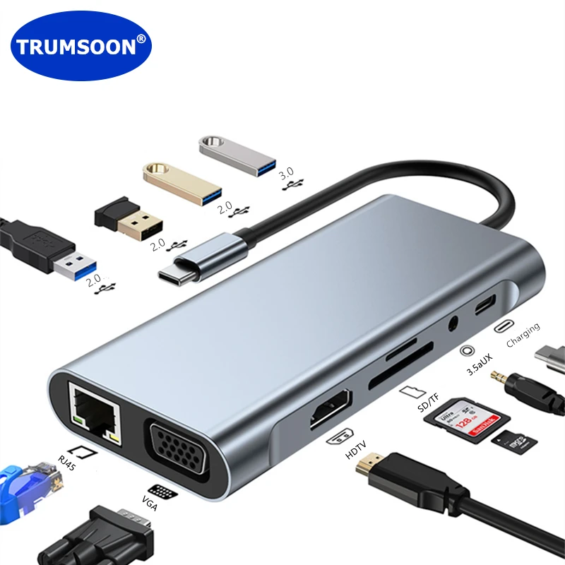 Trumsoon Hub USB C a RJ45 Lan 4K Compatibile con HDMI VGA Tipo C PD USB 3.0 SD TF Dock per MacBook iPad Samsung S20 Dex TV Laptop