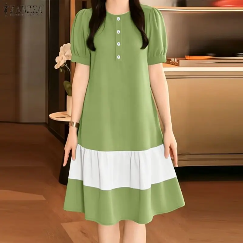 

Women Summer Patchwork Dresses ZANZEA Elegant Short Puff Sleeve Sundress Stylish Ruffled Hem Holiday Dress Casual Work Vestidos