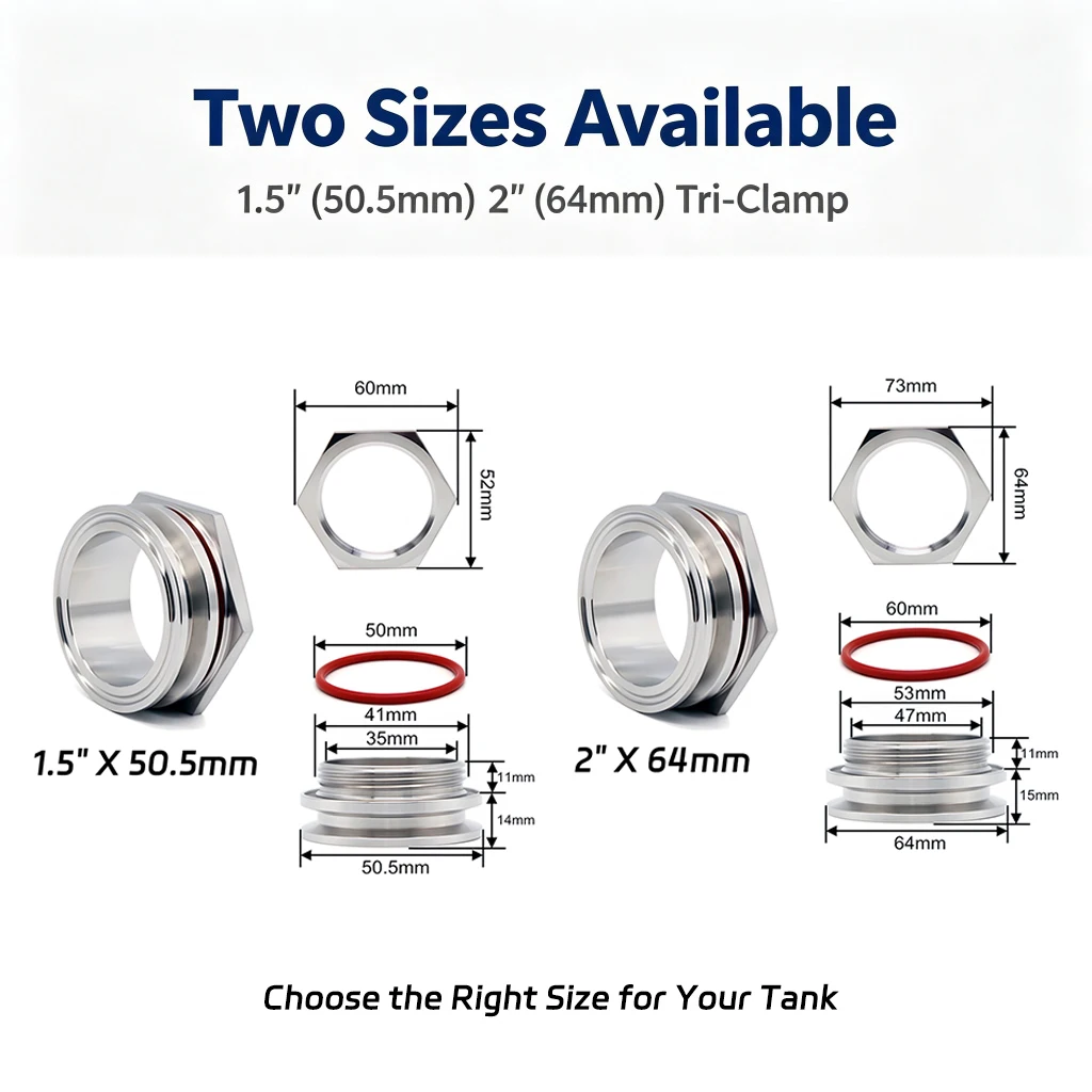 SS304 Sanitary Tank Bulkhead Fitting, Tri‑Clamp Quick Connect Water Tank Outlet Inlet Connector for Homebrew Beer Fermenter 50.5