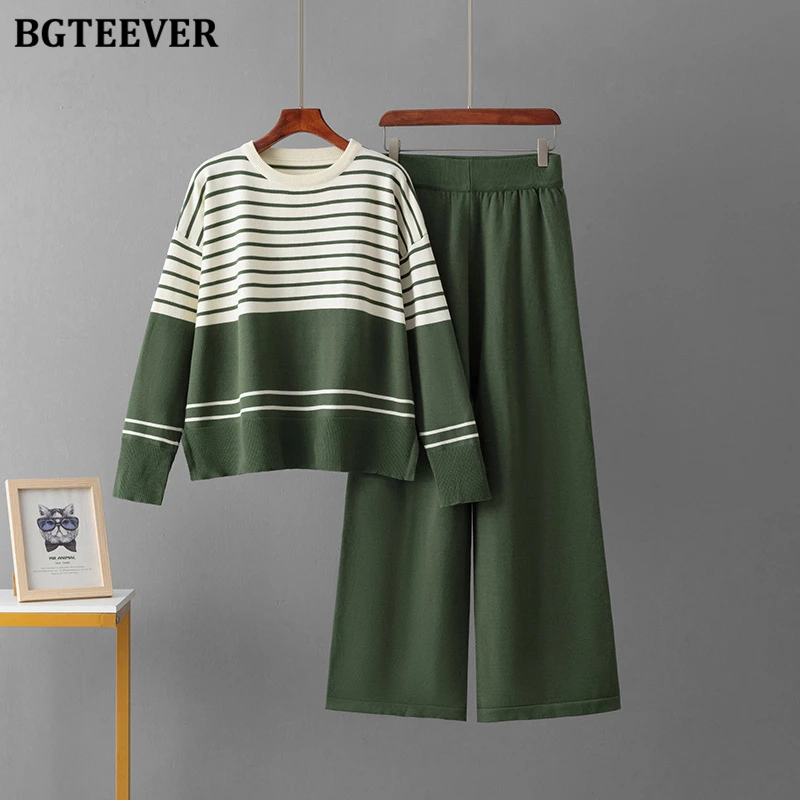 BGTEEVER Casual Loose Women 2 Pieces Knitted Outfits O-neck Long Sleeve Striped Pullover Sweaters & Wide Leg Pants Autumn Winter