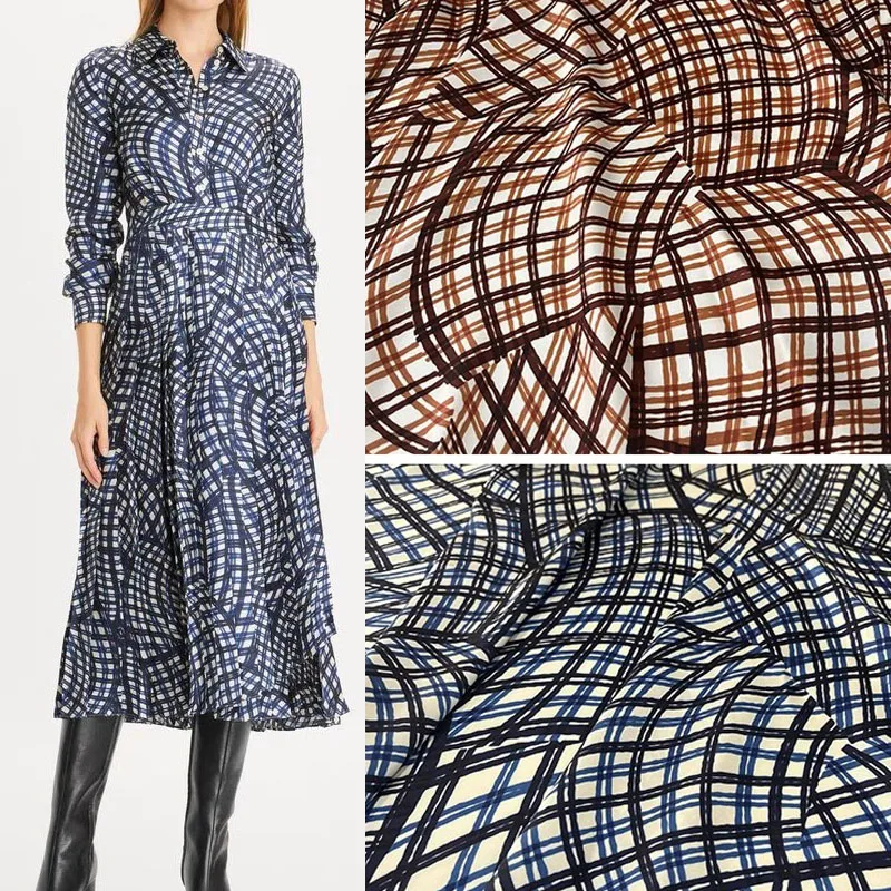 Europe And America Fashion Stripe Lattice Printed Twill Polyester Fabric For Women Dress Blouse Handmade DIY Cloth Sewing