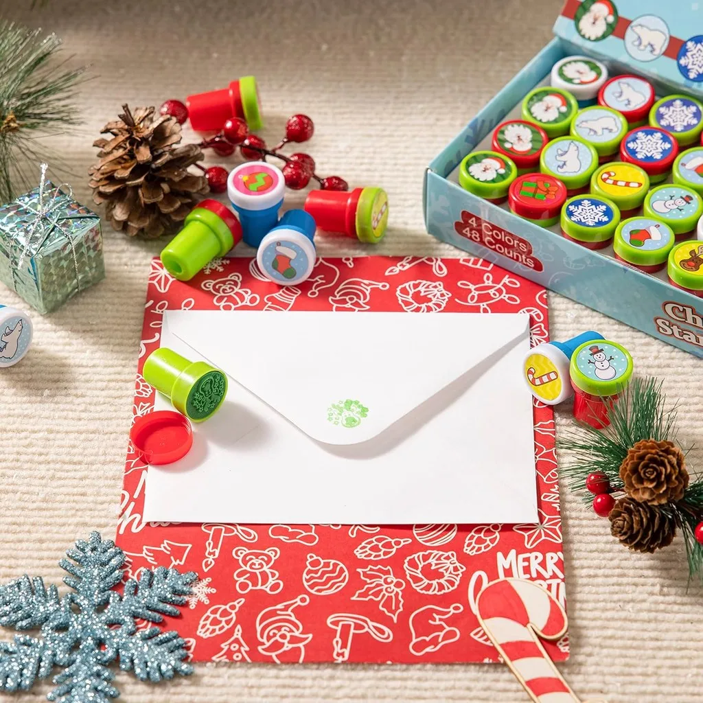 10/24PCS Christmas Assorted Stamps Kids Self-Ink Stampers ( 24 Different Designs, Plastic Stamps) for Christmas Party Favors