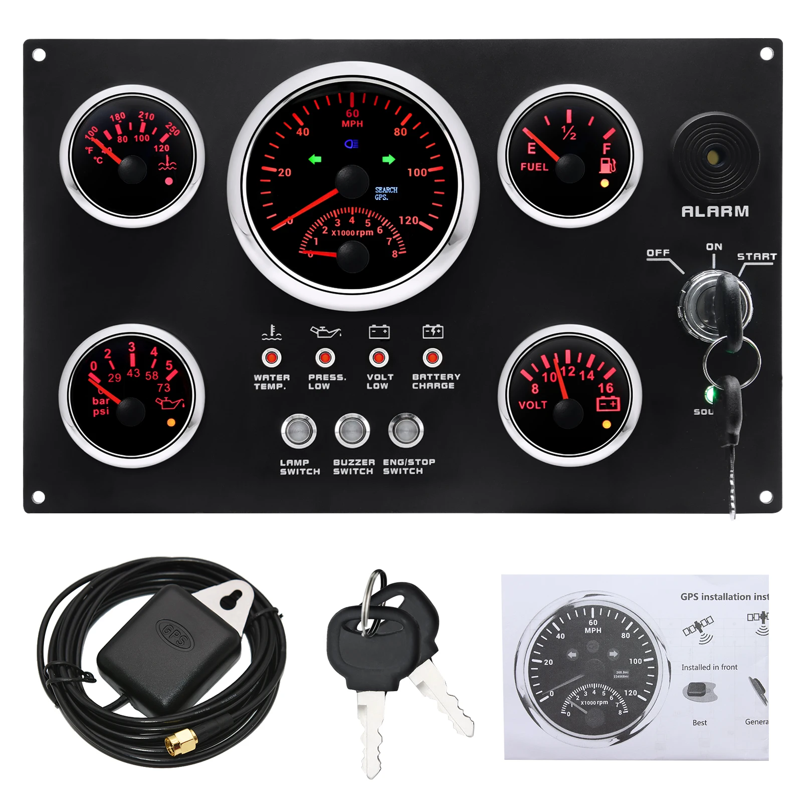 Marine Boat 5 Gauge Set with Red Light 85MM GPS Speedometer+Fuel Level Gauge+Water Temp Meter+Oil Pressure Gauge+Voltmeter 52MM