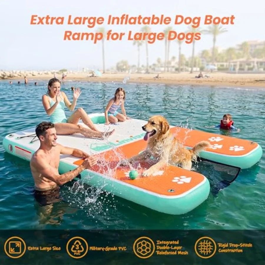 Dog water ramp for pool, boat, beach: 8x5ft inflatable dock with EVA foam anti-slip surface, gray color, 600 LBS capacity, ice