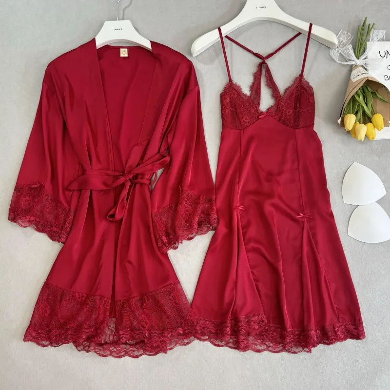 New Robe Set Lace Trim Nightdress Women Bathrobe Gown Suit Homewear Summer Rayon Kimono Lady Rayon Sleepwear Nightgown