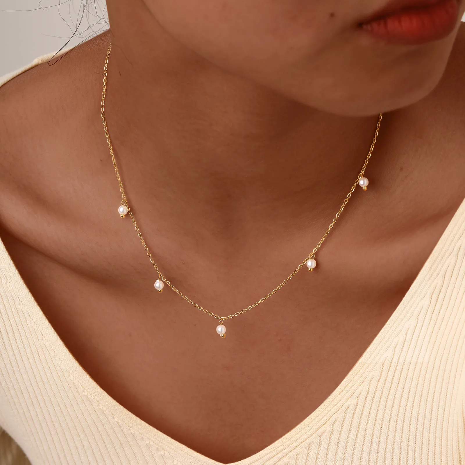 Exquisite Stainless Steel 6 Imitation Pearls Necklace For Women Rolo Chain Minimalist Necklaces Jewelry Wholesale/Dropshipping