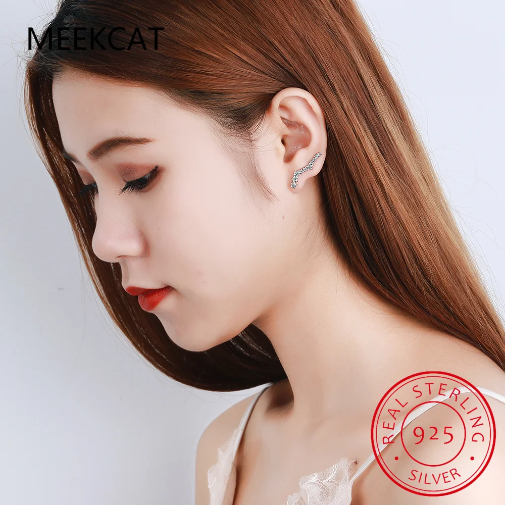 100% Real 925 Sterling Silver Cubic Zirconia Star Ear Climber Earrings for Women Cute Ear Crawler Earrings Brincos de Prata