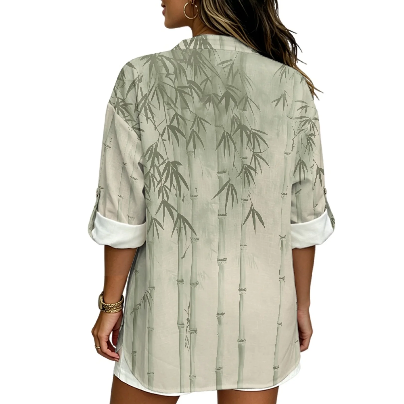 INSTANTARTS Women'S Linen V-Neck Shirt Breathable Long-Sleeved Top Blouse Roll-Up Cuff Lightweight Comfortable Soft Retro Bamboo view 4