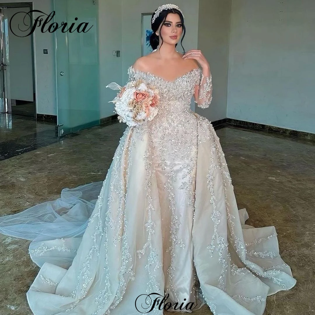 2025 Luxury Wedding Dresses With Detachable Train Off Shoulder Long Sleeves Wedding Gowns With Pearls Vestido Blanco Bridal Gown